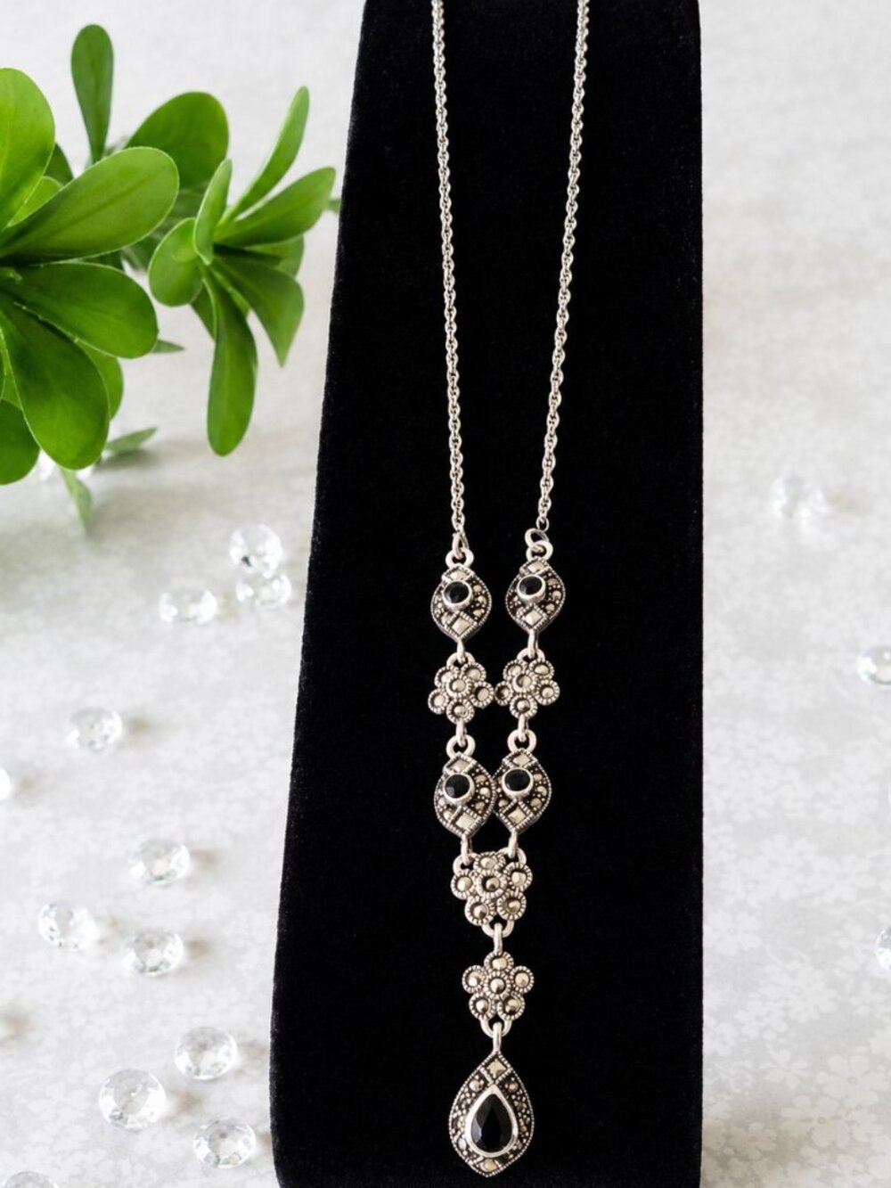 Sterling Silver, Black Onyx and Marcasite Y Necklace Stunning Statement 16.5"